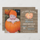 Rustic Pumpkin First Birthday Invitation Blue Kaart (Voorkant / Achterkant)