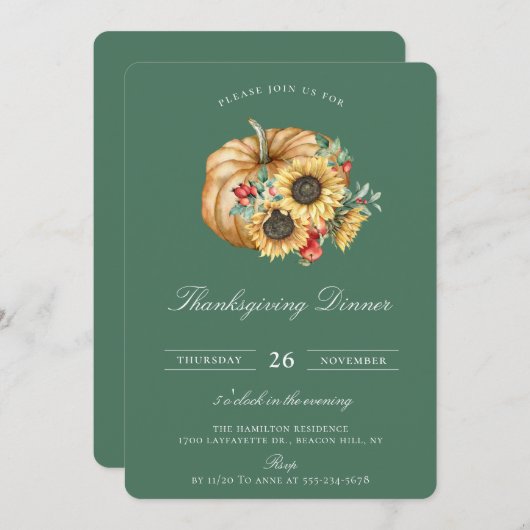 Rustic Pumpkin Floral Thanksgiving Dinner Green Kaart (Voorkant / Achterkant)