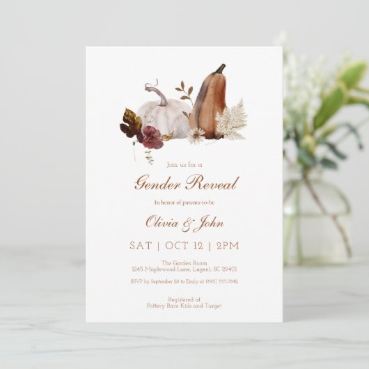 Rustic Pumpkin Geslacht Onthulling Uitnodiging (Staand voorkant)