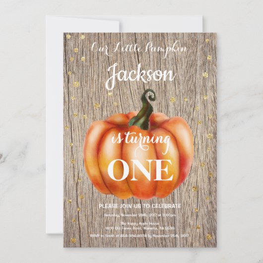 Rustic Pumpkin Herfst Birthday Invitation Gold Kaart (Voorkant)