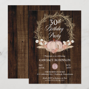 Rustic Pumpkin Pampas Wreath 30th Birthday Party Kaart