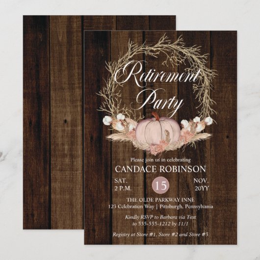 Rustic Pumpkin Pampas Wreath Retirement Party Kaart (Voorkant / Achterkant)