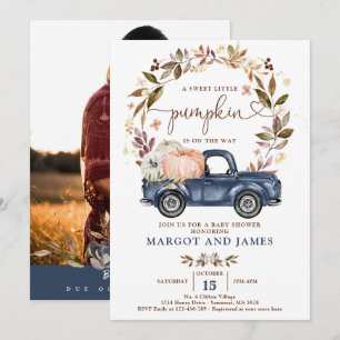 Rustic Pumpkin Pickup Truck Blue Baby shower Kaart