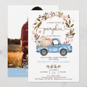 Rustic Pumpkin Truck Baby Blue Baby shower Kaart