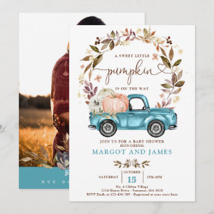 Rustic Pumpkin Truck Sapphire Blue Baby shower Kaart