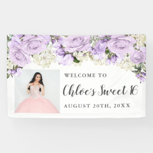 Rustic Purpl White Floral Foto Sweet 16 Party Spandoek