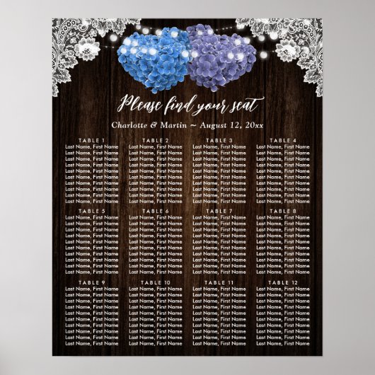Rustic Purple Blue Floral Wedding Seating Chart 12 Poster (Voorkant)
