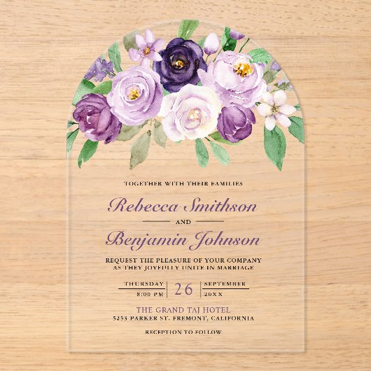 Rustic Purple Floral Wedding Acryl Uitnodigingen (Voorkant)