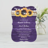 Rustic Purple Sunflower Wood String Lights Wedding Kaart (Staand voorkant)