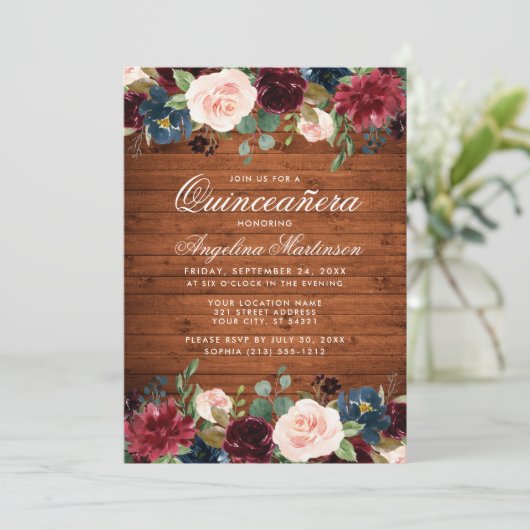 Rustic Quinceanera Wood Burgundy Blue Pink Floral Kaart (Staand voorkant)