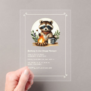 Rustic Raccoon "One Happy Camper" 1e verjaardag Acryl Uitnodigingen