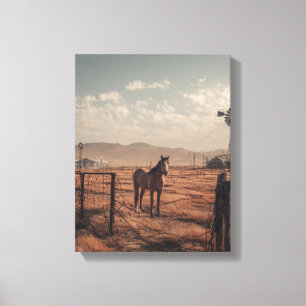 Rustic Ranch Paard Hek Zonsondergang Kunst Canvas Afdruk