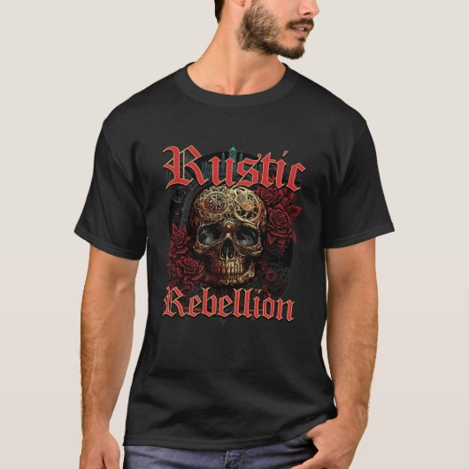 Rustic Rebellion Steampunk Goth Skull Red Rosed Gr T-shirt (Voorkant)