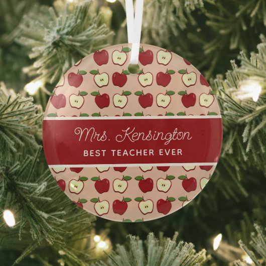 Rustic Red Apple Pattern Teacher Appreciation Glas Ornament (Insitu)