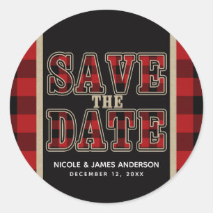Rustic Red Black Buffalo Geruite Save the Date Ronde Sticker