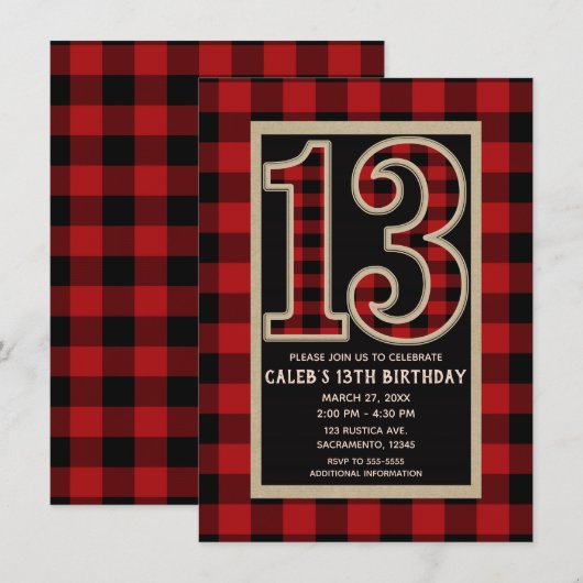 Rustic Red Black Buffalo Plaid 13e 13 verjaardag Kaart (Voorkant / Achterkant)