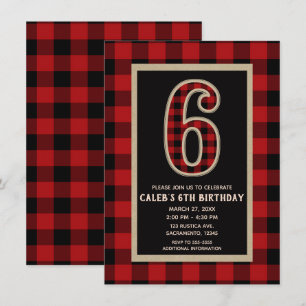 Rustic Red Black Buffalo Plaid 6de Verjaardagsfees Kaart