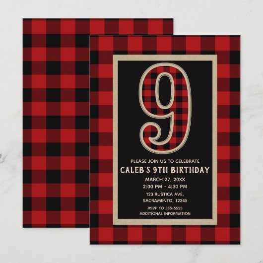 Rustic Red Black Buffalo Plaid 9e verjaardagsfeest Kaart (Voorkant / Achterkant)