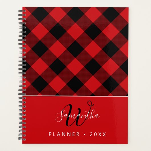 Rustic Red Black Buffalo Plaid Monogrammed 2025 Planner (Voorkant)