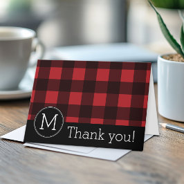 Rustic Red Black Buffalo Pset Pattern Monogram Bedankkaart
