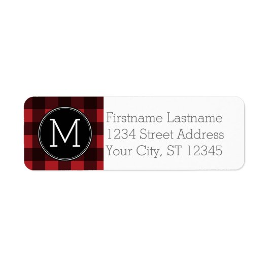 Rustic Red Black Buffalo Pset Pattern Monogram Etiket (Voorkant)