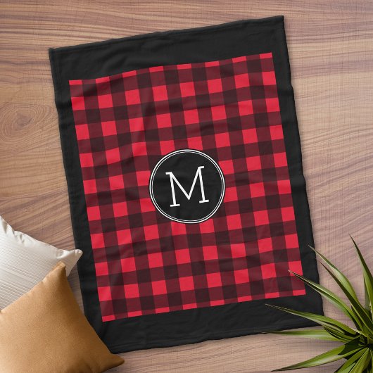 Rustic Red Black Buffalo Pset Pattern Monogram Fleece Deken