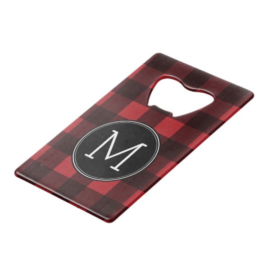 Rustic Red Black Buffalo Pset Pattern Monogram Kredietkaart Flessenopener (Voorkant Gekanteld)