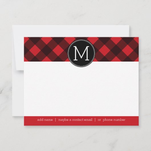 Rustic Red Black Buffalo Pset Pattern Monogram Notitiekaartje (Voorkant)