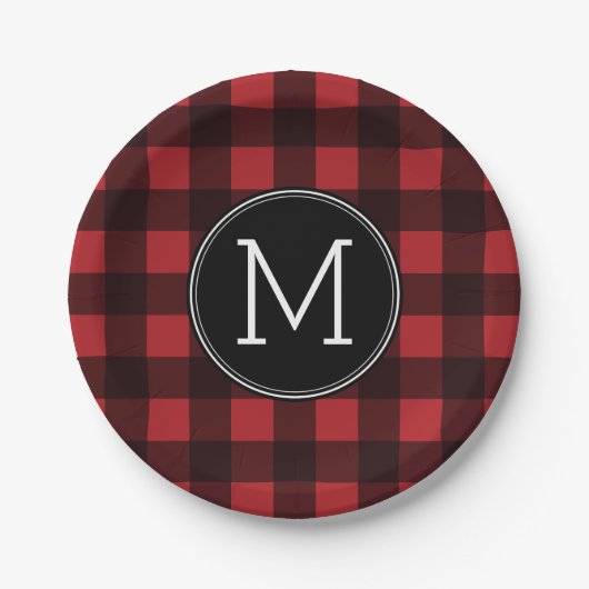 Rustic Red Black Buffalo Pset Pattern Monogram Papieren Bordje (Voorkant)