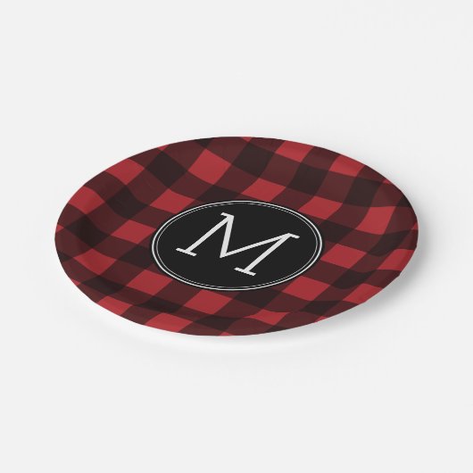 Rustic Red Black Buffalo Pset Pattern Monogram Papieren Bordje (Gekanteld)