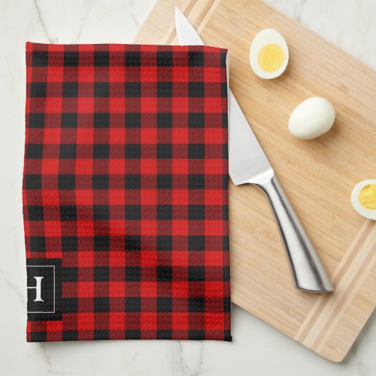 Rustic Red Black Buffalo Pset Pattern Monogramed Theedoek (Quarter Fold)