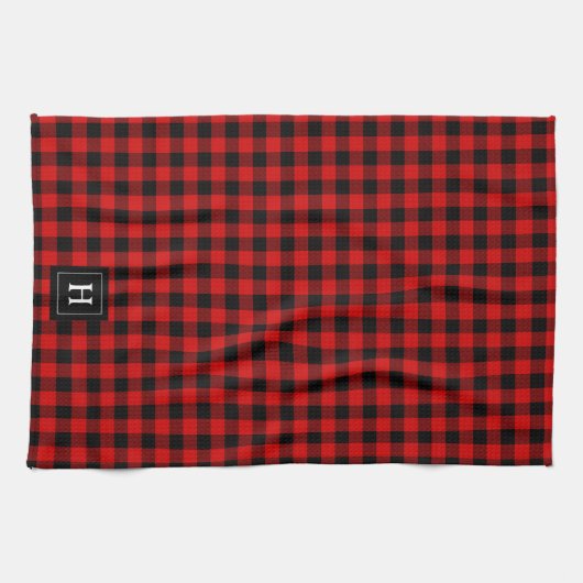 Rustic Red Black Buffalo Pset Pattern Monogramed Theedoek (Horizontaal)