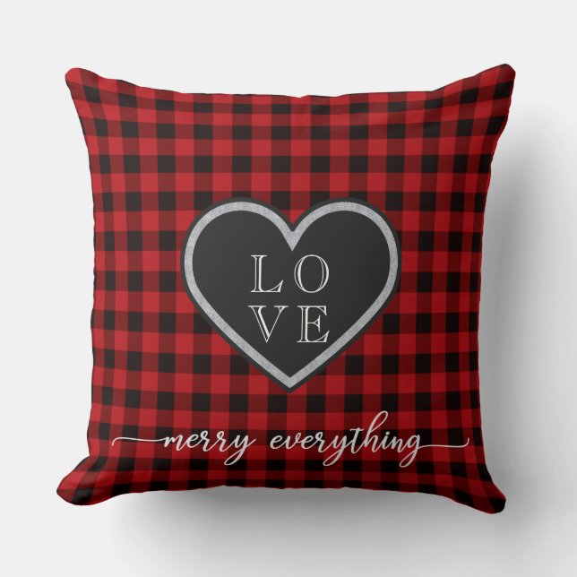 Rustic Red Black Plaid Christmas Heart Monogram Kussen (Voorkant)