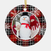 Rustic Red Black Pset Snowflake Monogram Foto Keramisch Ornament (Voorkant)