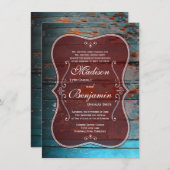 Rustic Red Blue Wood Country Wedding Invitations Kaart (Voorkant / Achterkant)