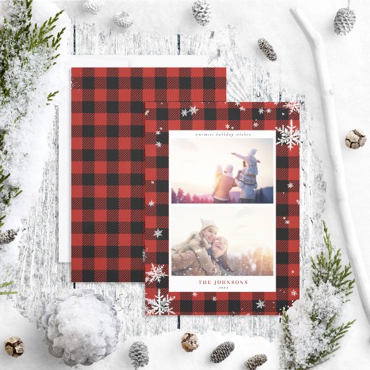 Rustic Red Buffalo Check Snowflake 2 foto Feestdagenkaart