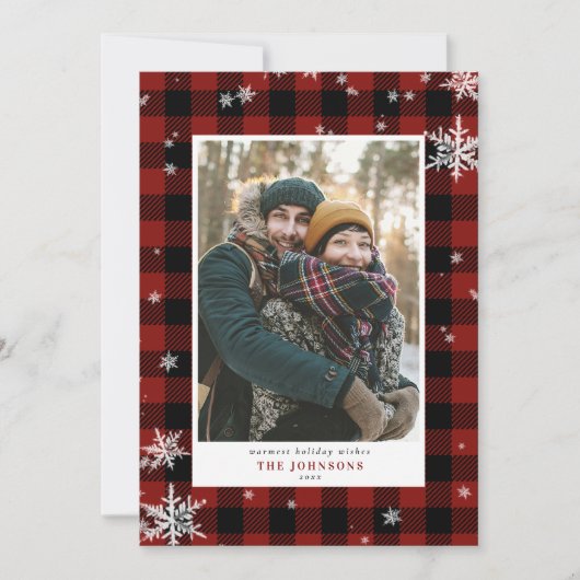 Rustic Red Buffalo Check Snowflake Photo Feestdagenkaart (Voorkant)