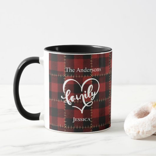 Rustic Red Buffalo Plaid Customizable Family Name Mok (Met donut)