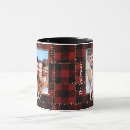 Rustic Red Buffalo Plaid Customizable Family Photo Mok (Midden)