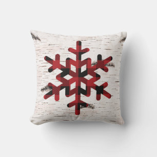Rustic Red Buffalo Plaid Sneeuwvlokken op Berk Kussen