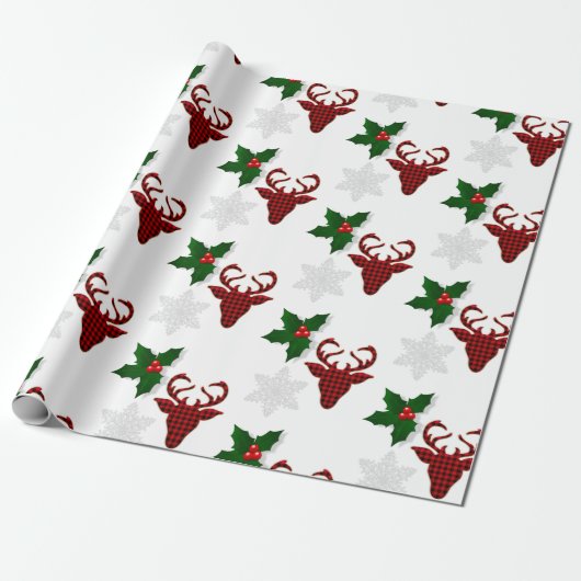 Rustic Red Buffalo Pset Deer Snowflake en Holly Cadeaupapier (Uitgerold)