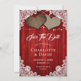 Rustic Red Burlap Wedding Save the Date Kaart