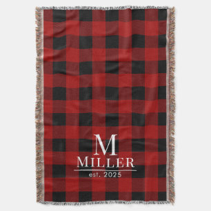 Rustic Red en Black Buffalo Check Monogram Geweven Deken