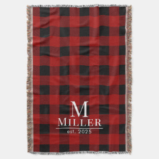 Rustic Red en Black Buffalo Check Monogram Geweven Deken