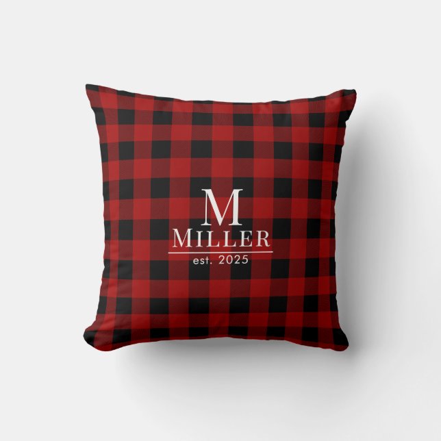 Rustic Red en Black Buffalo Controleer Monogram Na Kussen (Voorkant)