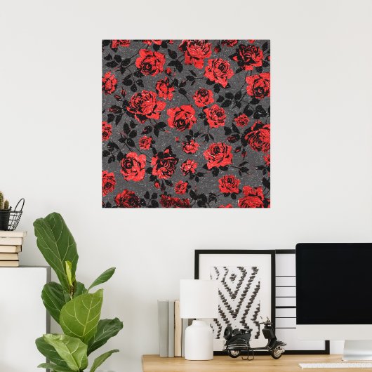 Rustic Red en Black Stem Roos Pattern Poster (Thuiskantoor)