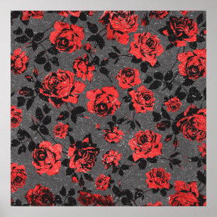 Rustic Red en Black Stem Roos Pattern Poster