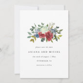 Rustic Red en Blue Floral Photo Wedding Save The Date (Voorkant)