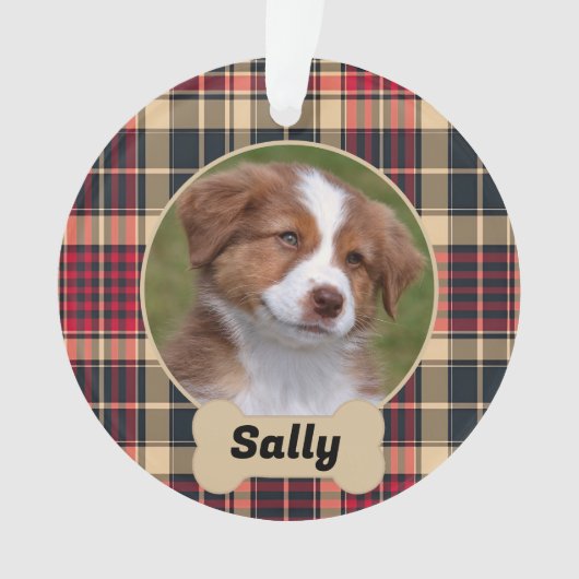 Rustic Red en Tan Tartan Plaid Custom Dog Foto Ornament (voorkant)