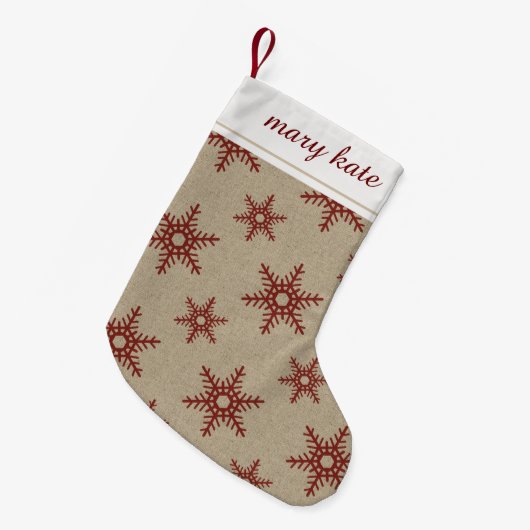 Rustic Red Faux Burlap Snowflake Pattern Kleine Kerstsok (Voorkant (Hangend))